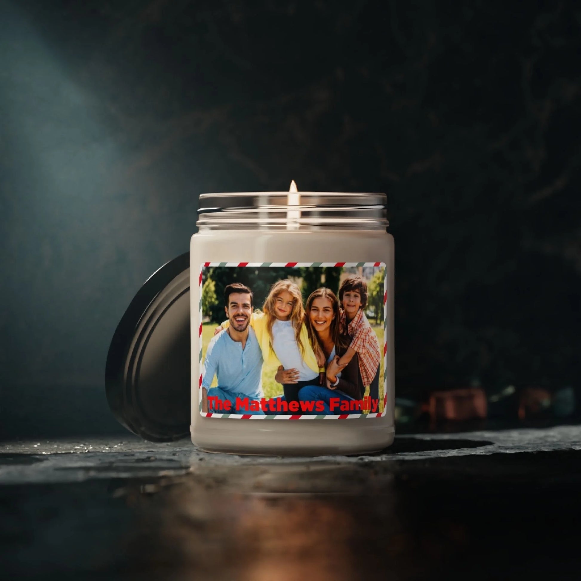 Holiday Photo Stripes Scented Candle Lifestyle Moody