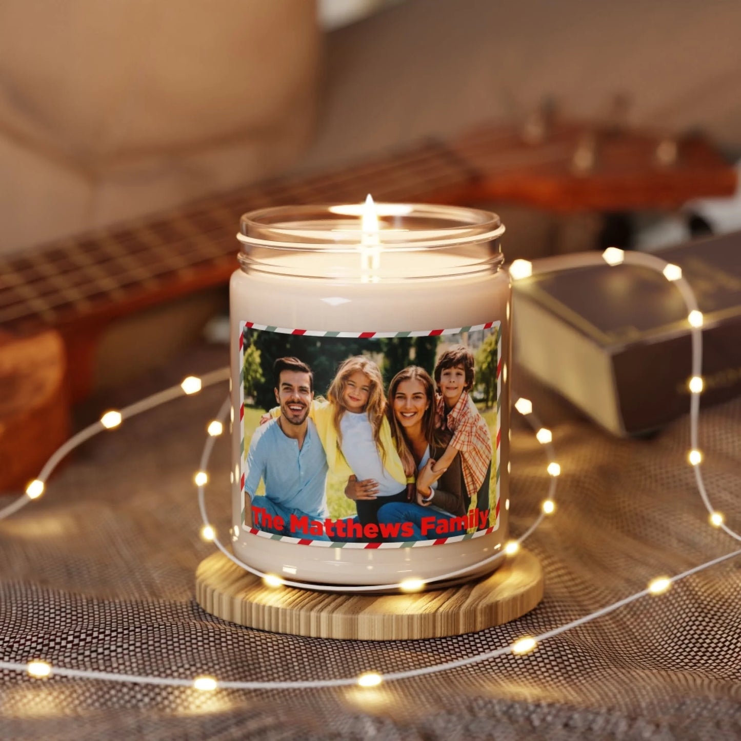 Holiday Photo Stripes Scented Candle Lifestyle Twinkle