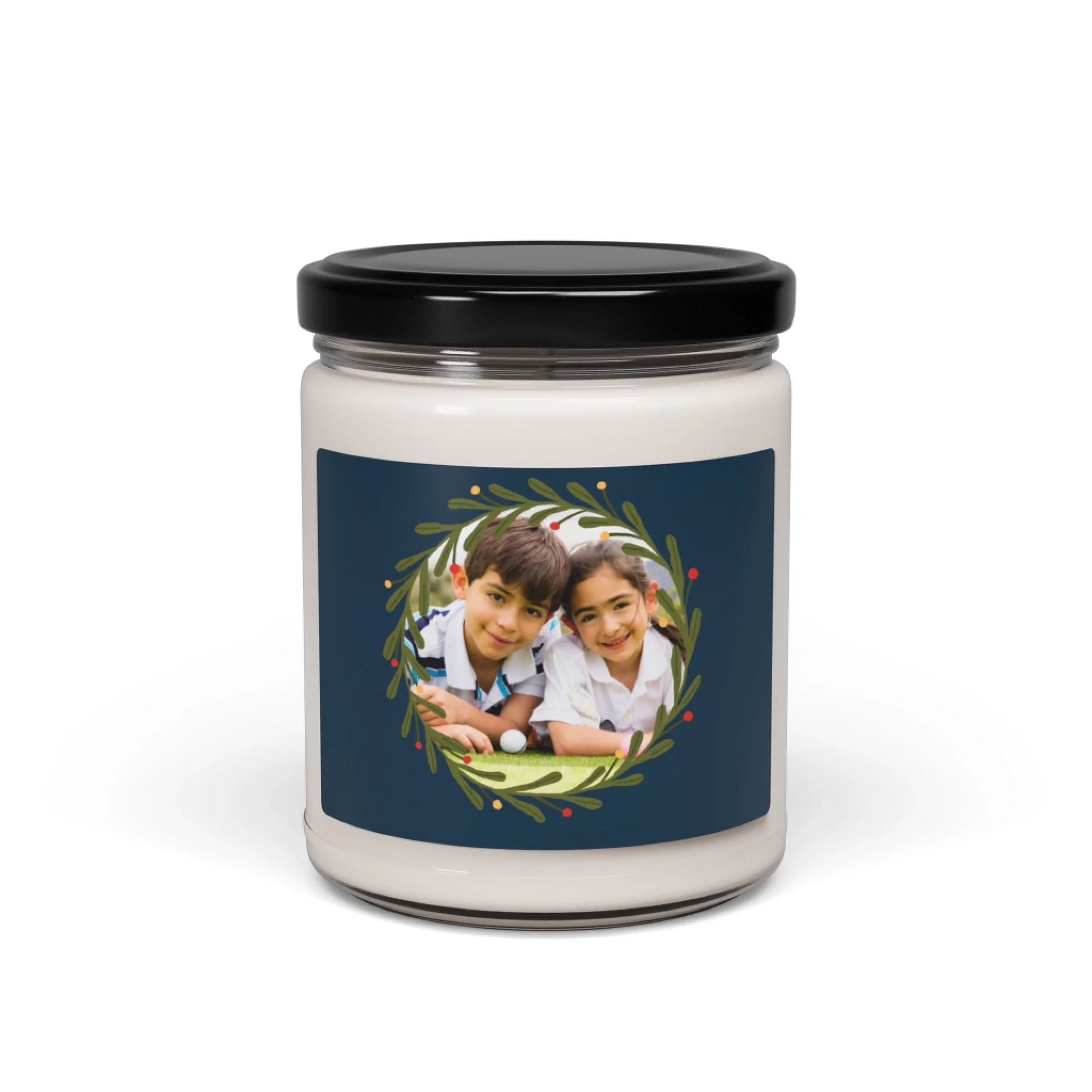 Holiday Photo Wreath Scented Soy Candle - Seamless Personalized Blue