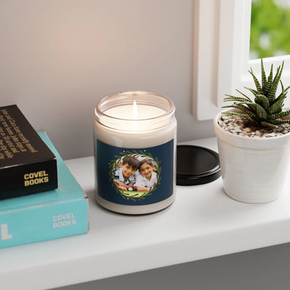 Holiday Photo Wreath Scented Soy Candle - Lifestyle Personalized Blue Shelf