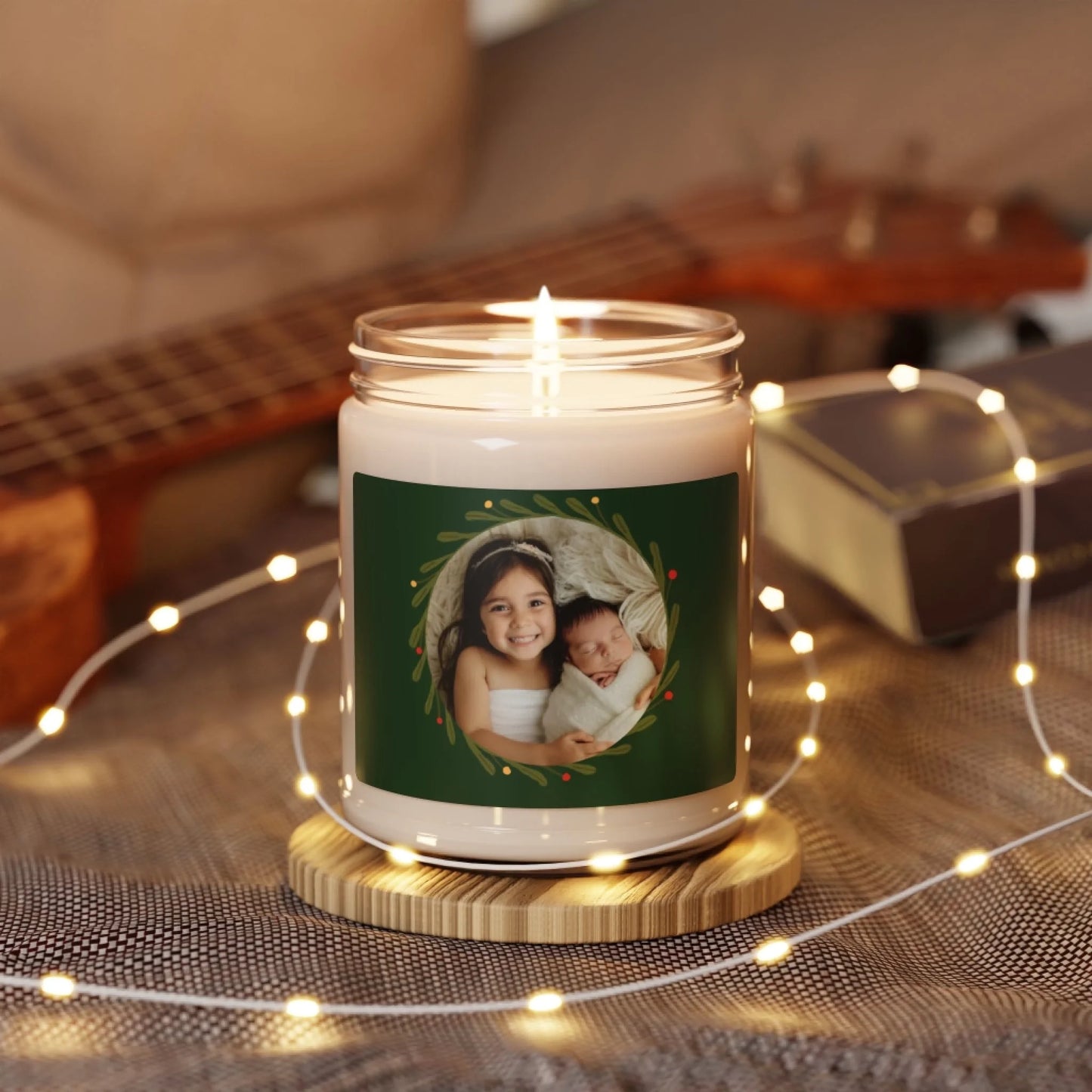 Holiday Photo Wreath Scented Soy Candle - Lifestyle Personalized Green Twinkle