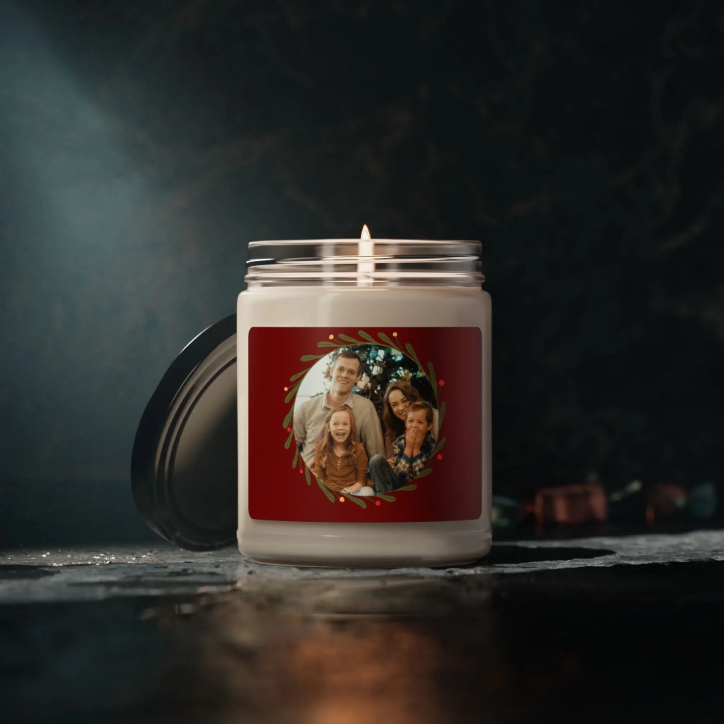Holiday Photo Wreath Scented Soy Candle - Lifestyle Personalized Green Moody