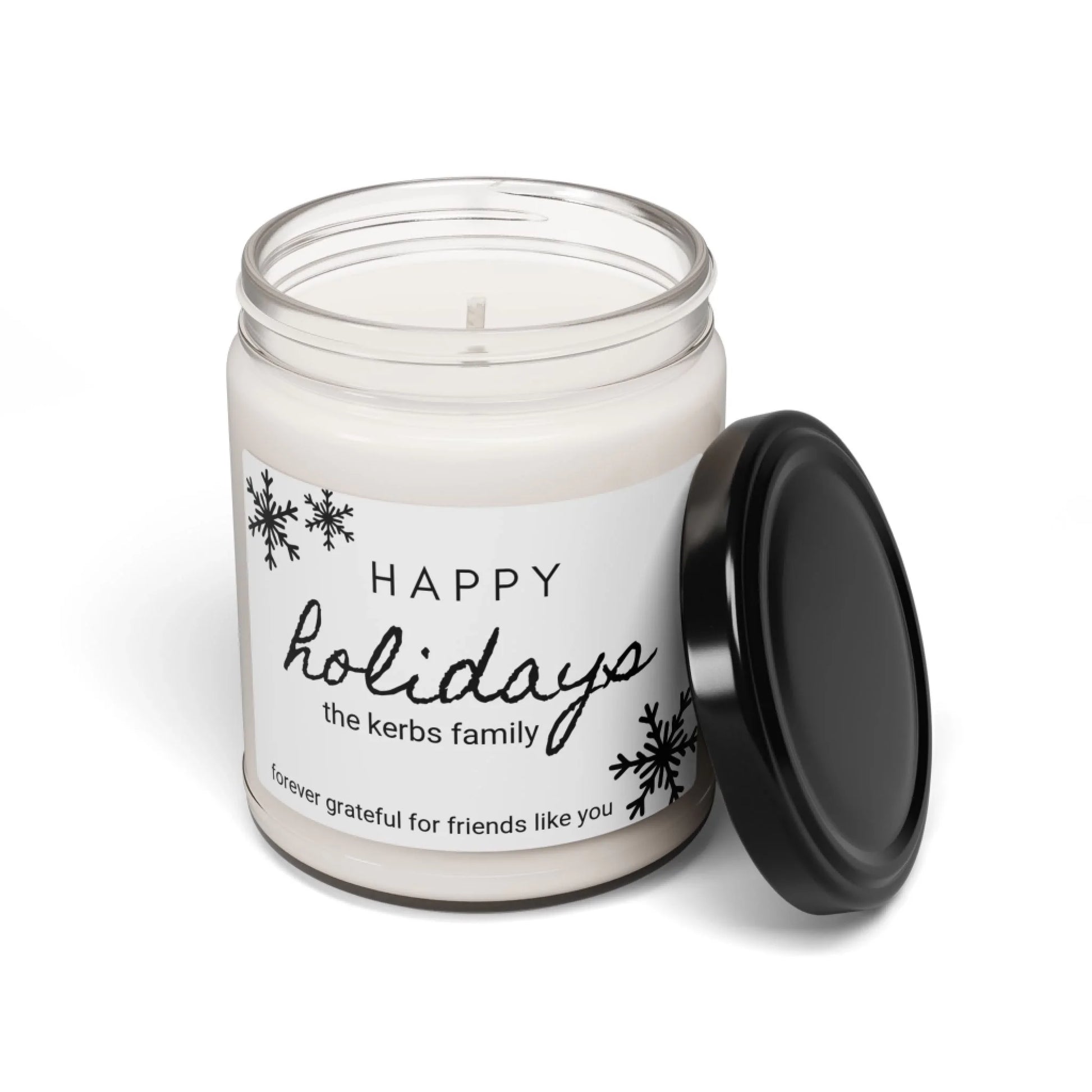 Holiday Greetings Scented Soy Candle - Black - Personalized Seamless Lid Off