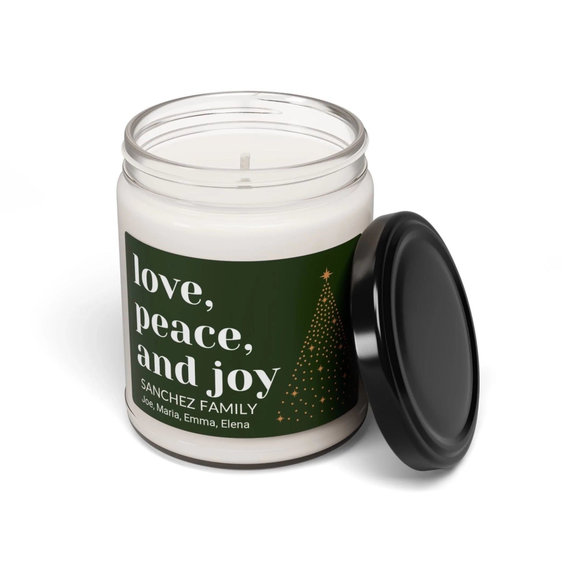 Love, Peace, Joy Scented Soy Candle - Seamless Green Lid Off