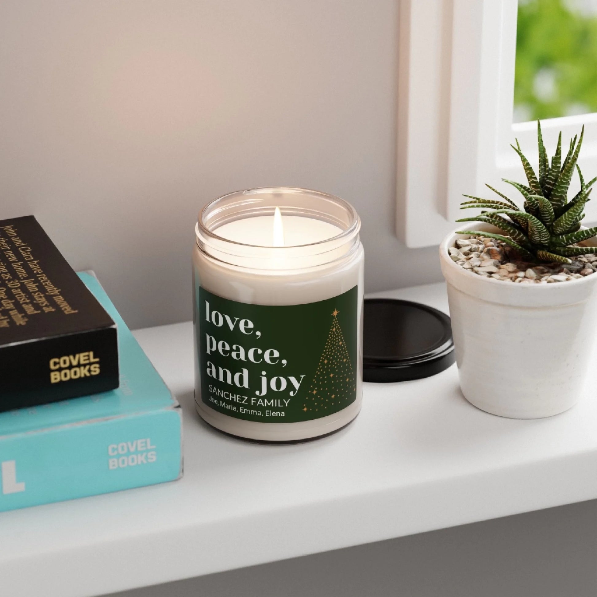 Love, Peace, Joy Scented Soy Candle - Lifestyle Shelf