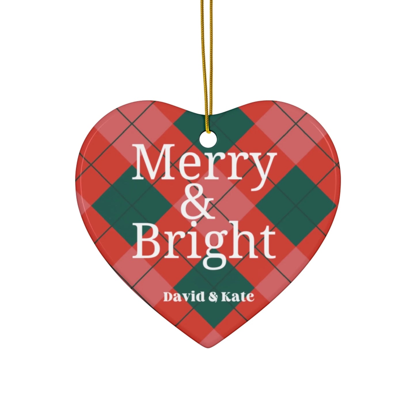 Merry & Bright Plaid Ceramic Ornament - Personalized Seamless Heart