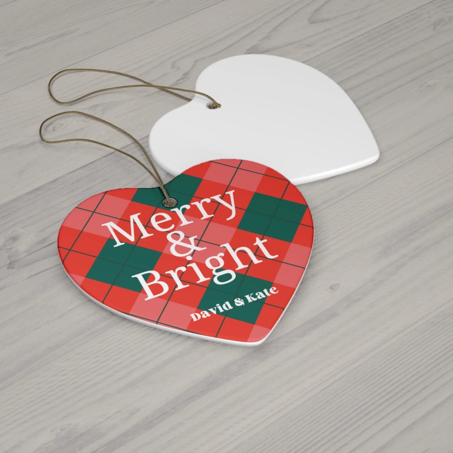 Merry & Bright Plaid Ceramic Ornament - Personalized Laydown Heart