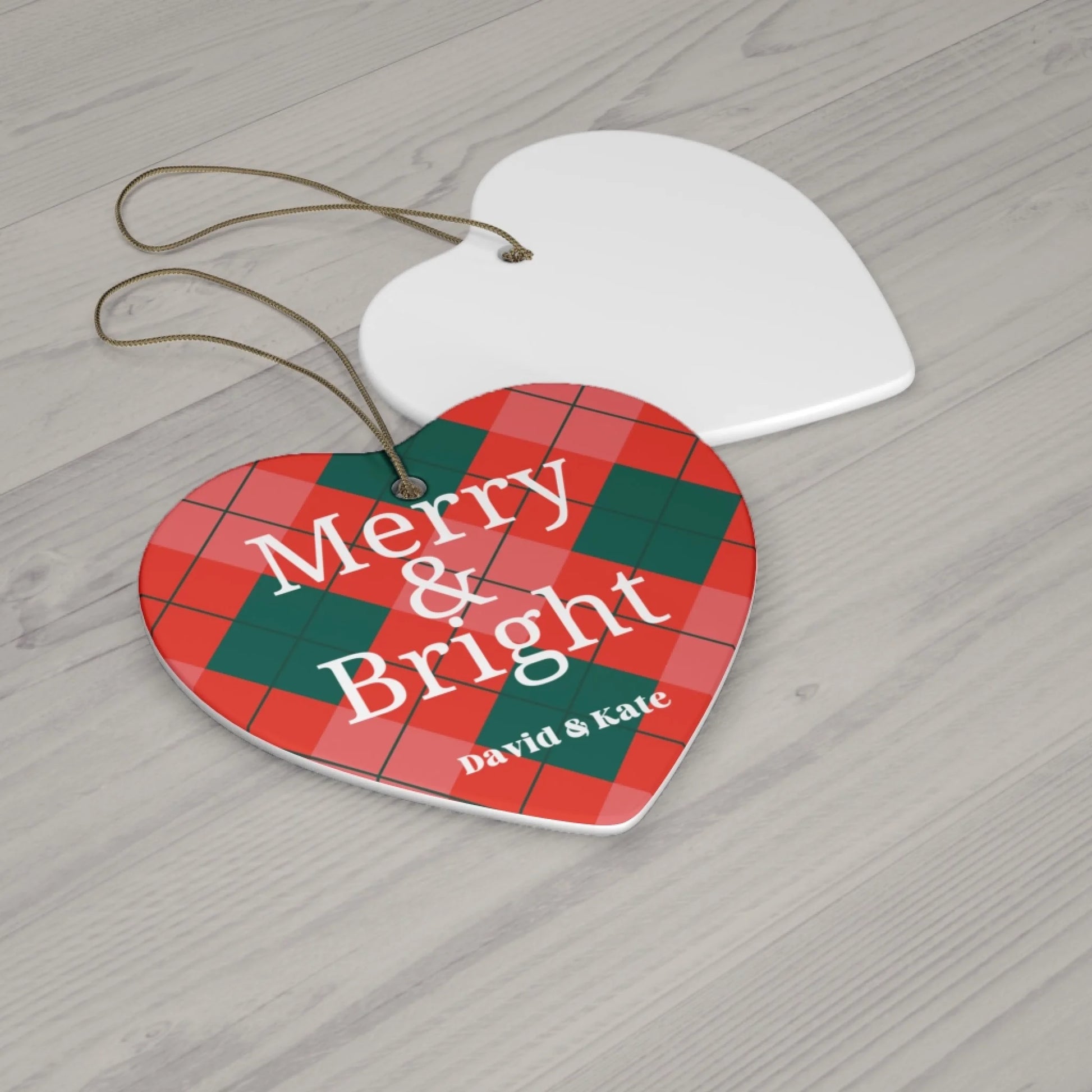Merry & Bright Plaid Ceramic Ornament - Personalized Laydown Heart