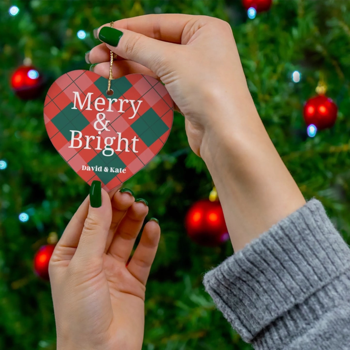 Merry & Bright Plaid Ceramic Ornament - Personalized Lifestyle Tree Heart