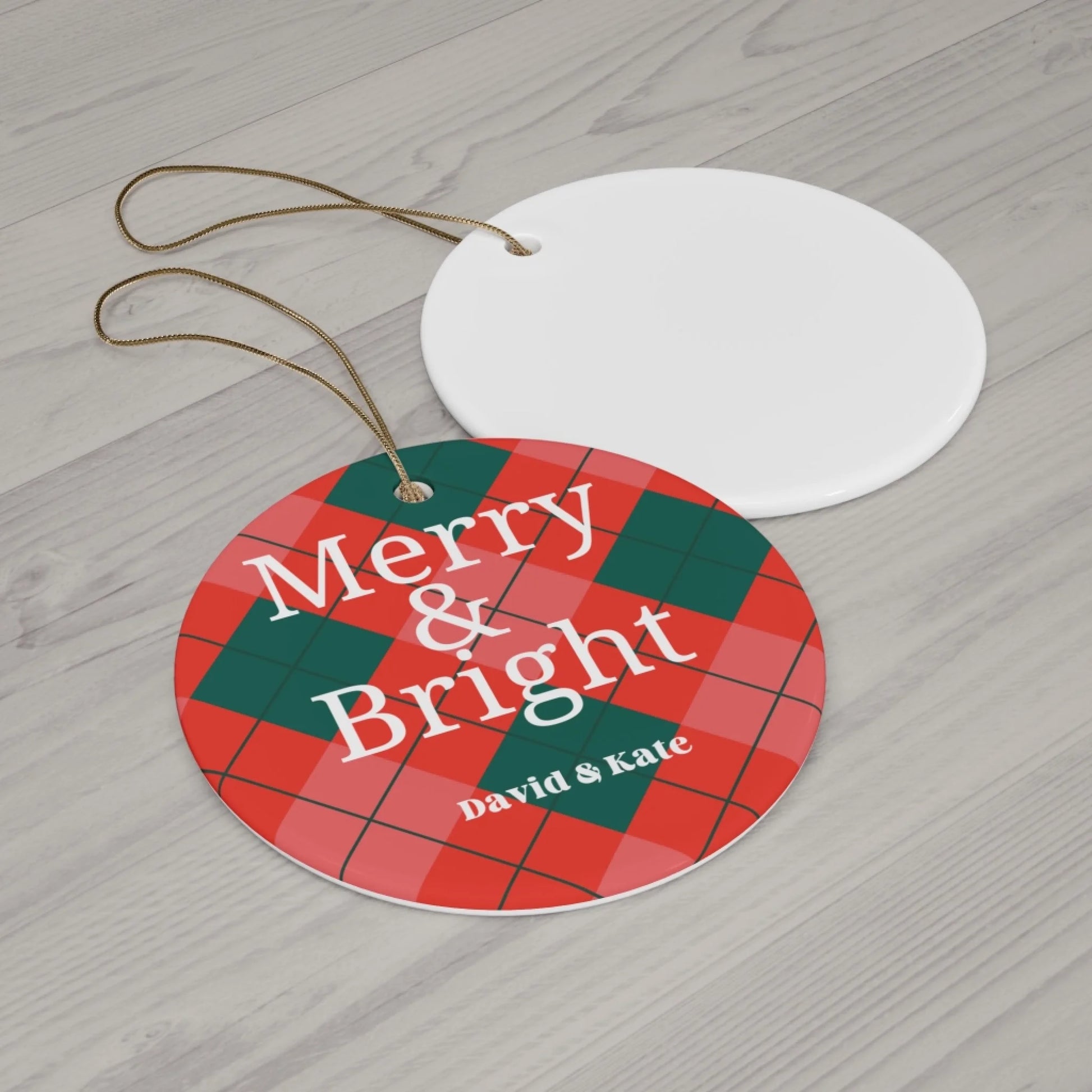 Merry & Bright Plaid Ceramic Ornament - Personalized Laydown