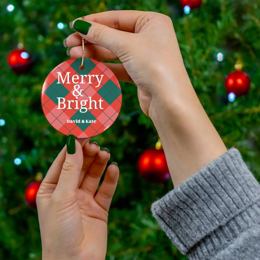 Merry & Bright Plaid Ceramic Ornament - Personalized Lifestyle Tree
