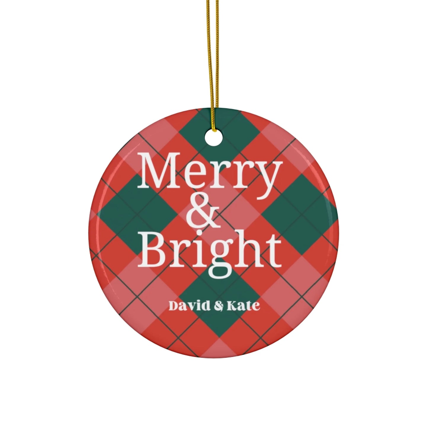 Merry & Bright Plaid Ceramic Ornament - Personalized Seamless