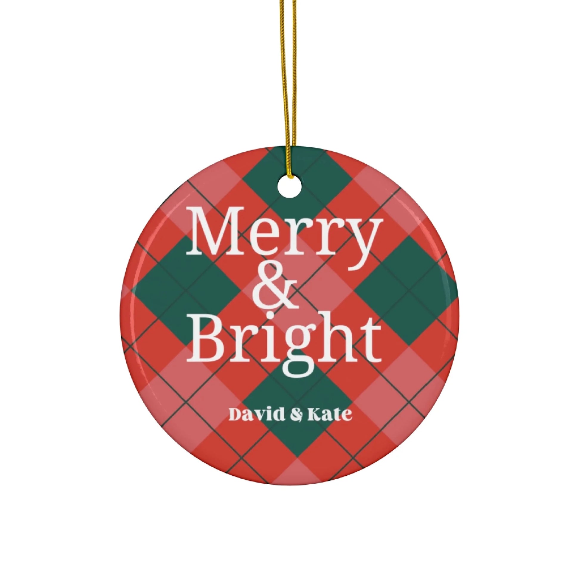 Merry & Bright Plaid Ceramic Ornament - Personalized Seamless