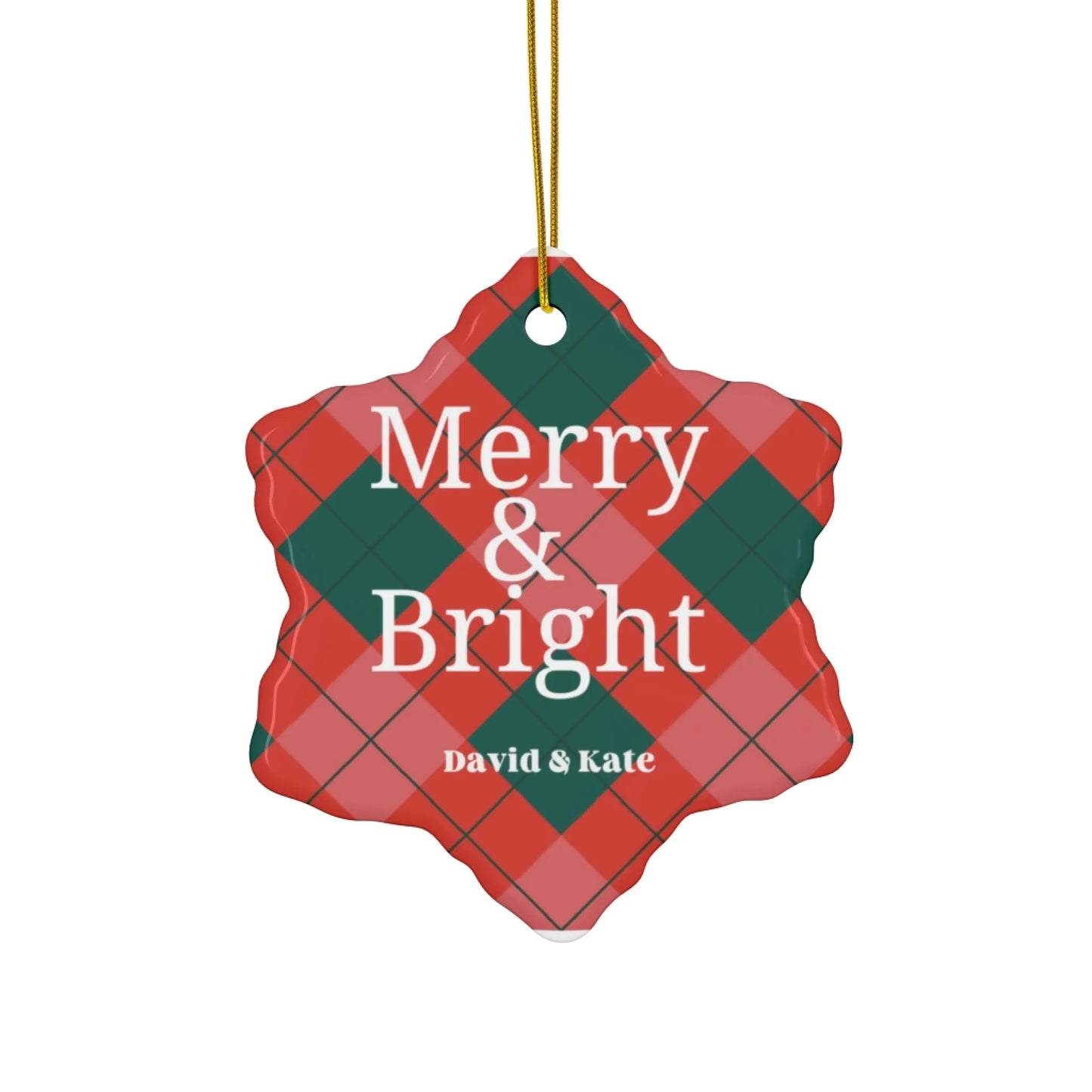 Merry & Bright Plaid Ceramic Ornament - Personalized Seamless Snowflake