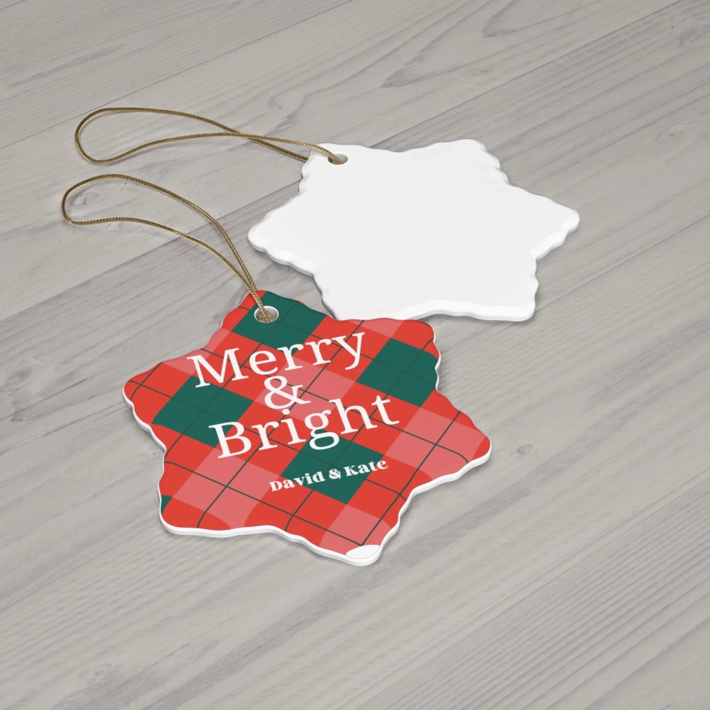 Merry & Bright Plaid Ceramic Ornament - Personalized Laydown Snowflake