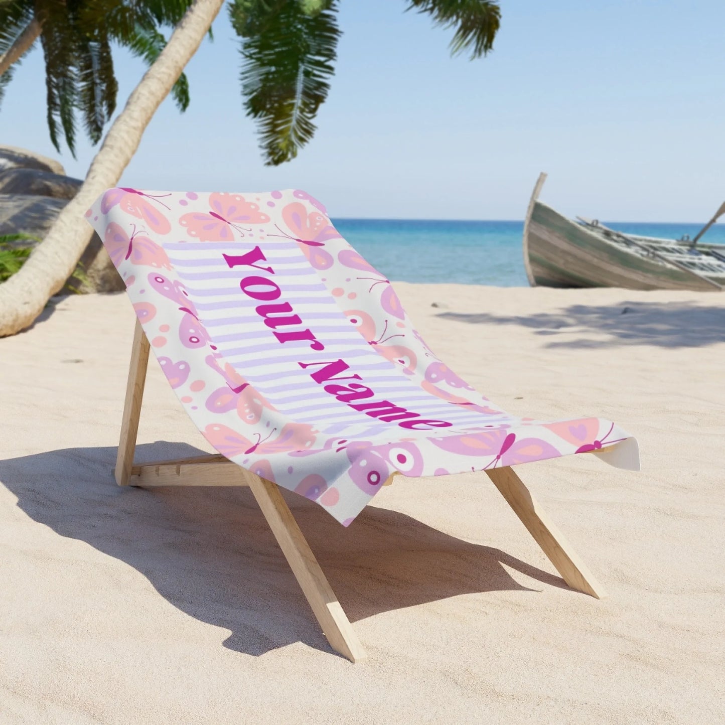 Butterfly Stripe Name Towel - Pink Textured Lifestyle