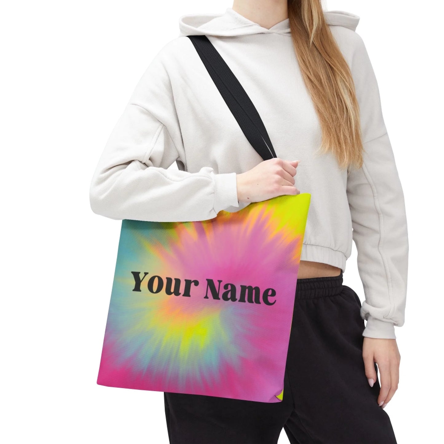Tie Dye Name Burst Tote Bag 16x16 Print Test MockUp Lifestyle 2
