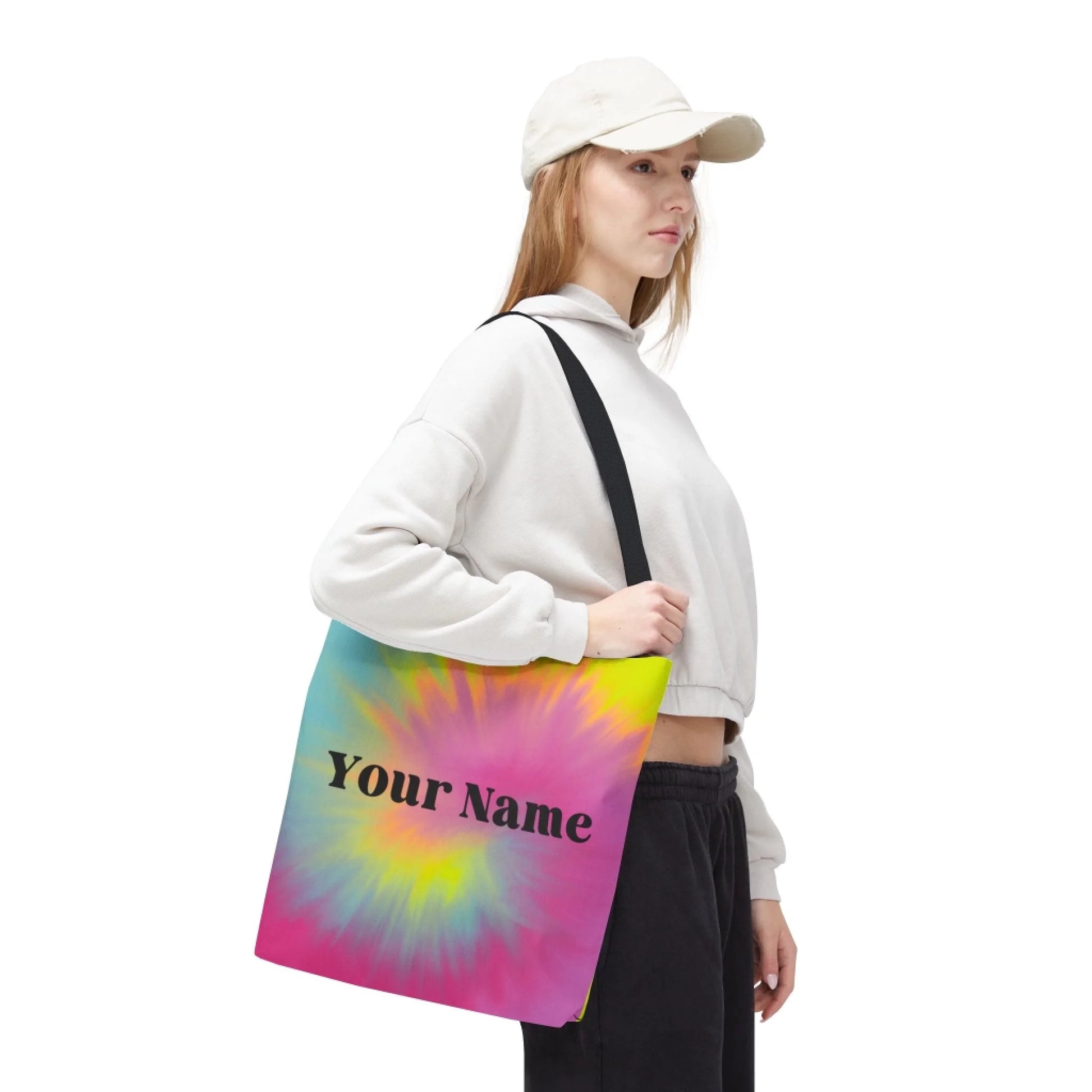 Tie Dye Name Burst Tote Bag 16x16 Print Test MockUp Lifestyle