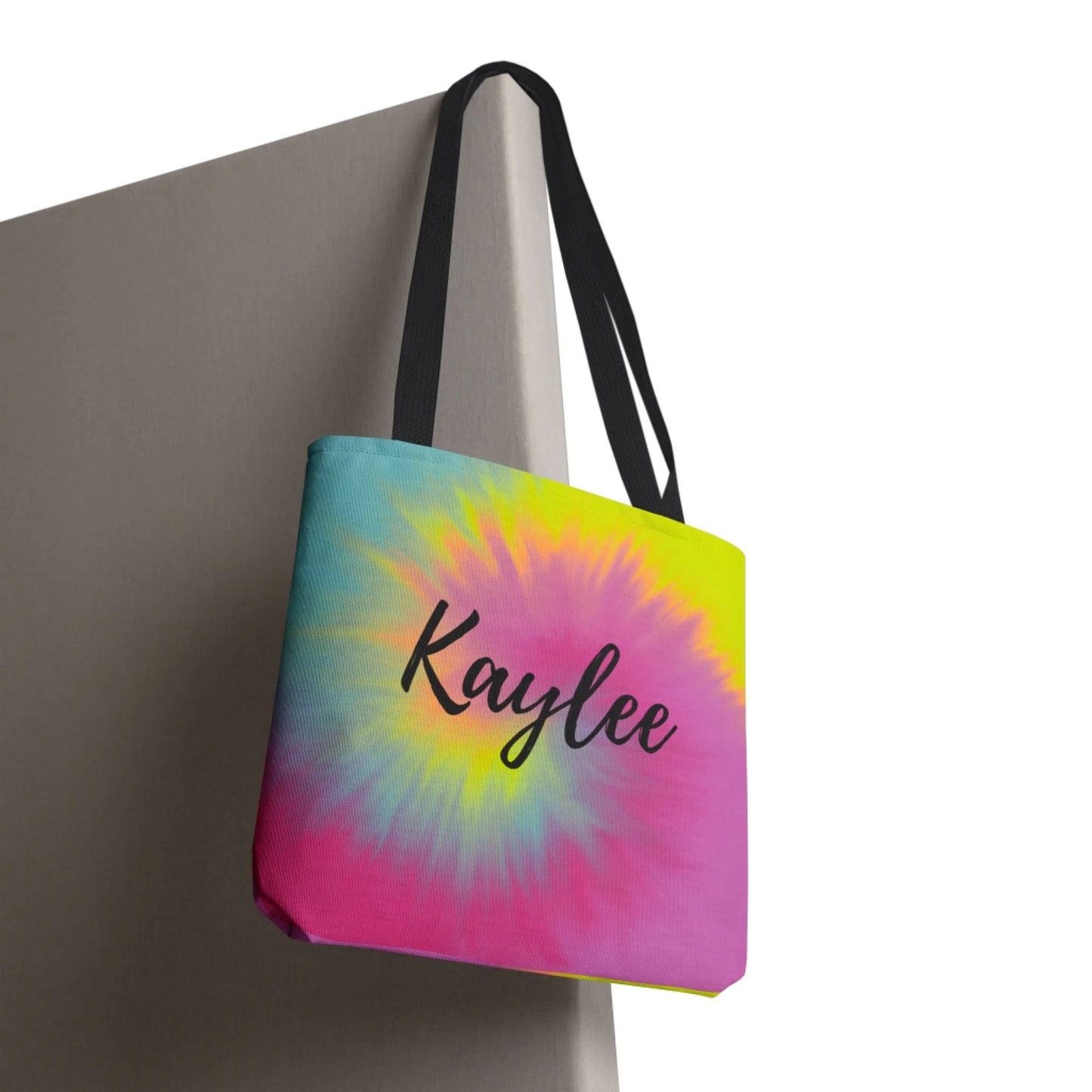 Tie Dye Name Burst Tote Bag 16x16 Print Test MockUp Lifestyle Hanging