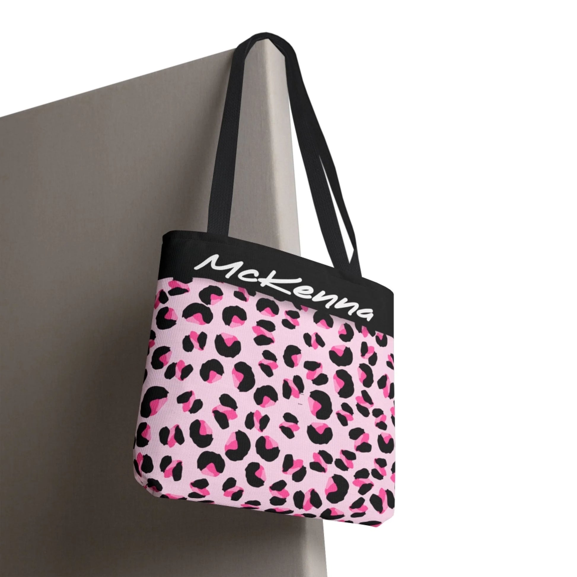 Pretty in Pink Leopard Name Print Tote Bag - 16x16 Design LIfestyle Hanging