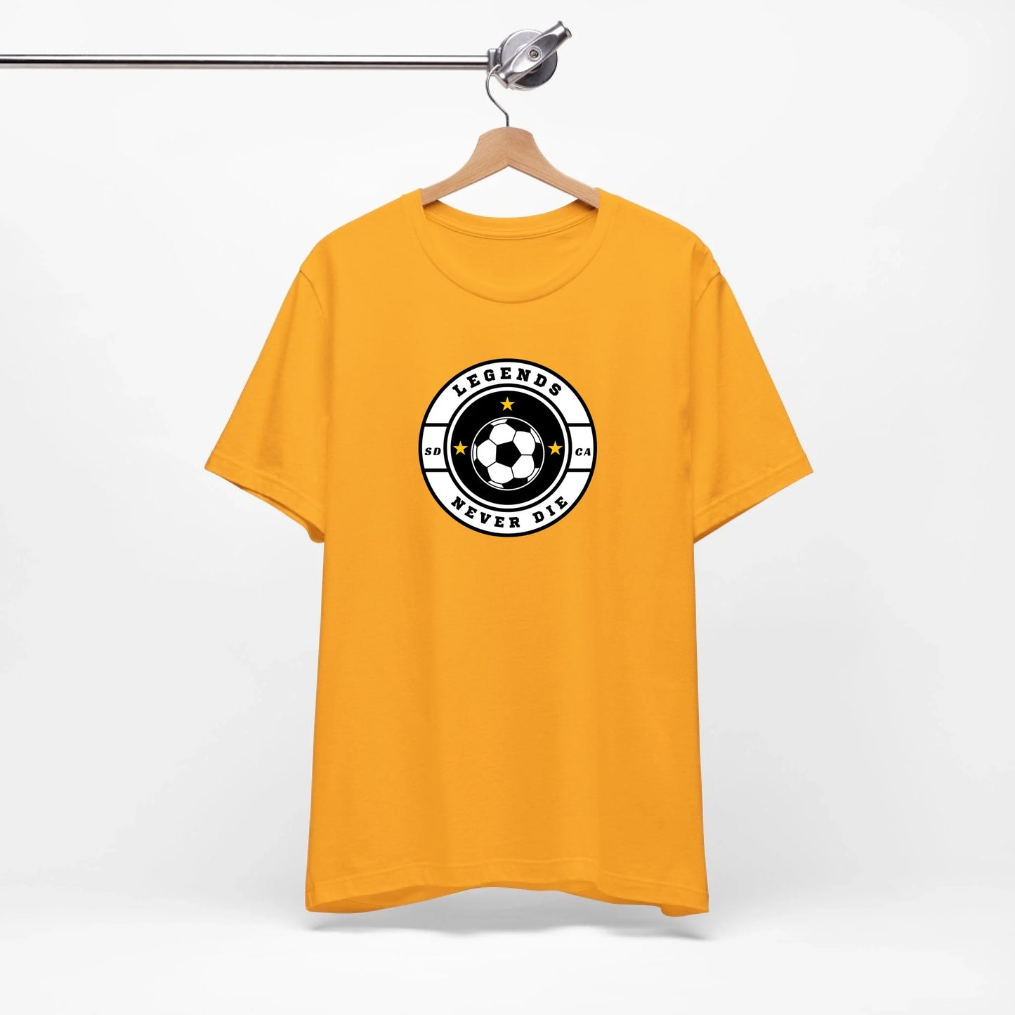 Unisex Jersey T-Shirt - Gold Front Seamless Hanging