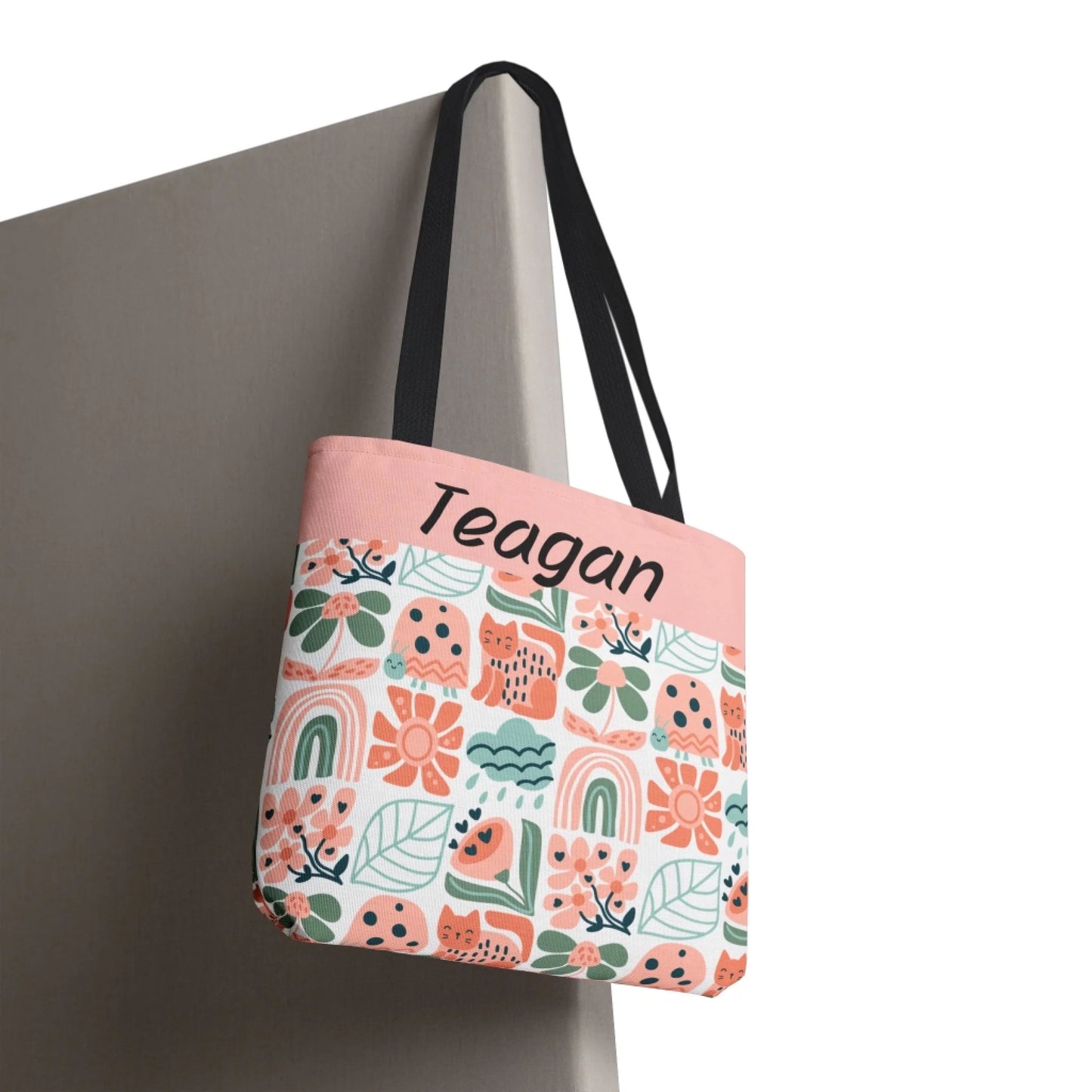 Boho Floral Block Name Tote Bag Personalized Lifestyle Hanging