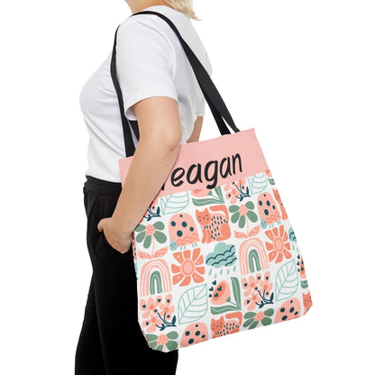 Boho Floral Block Name Tote Bag Personalized Lifestyle Side
