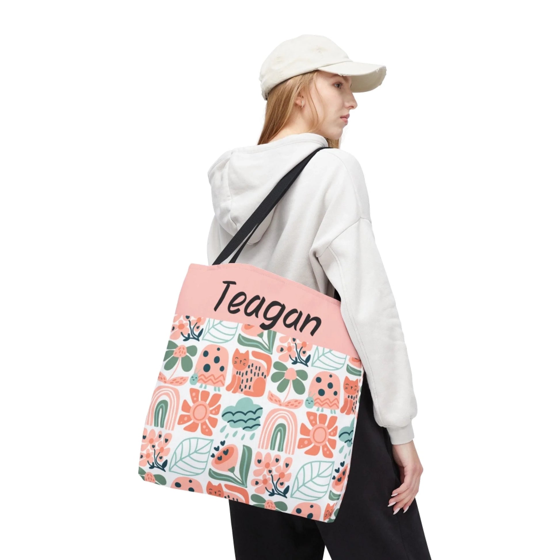 Boho Floral Block Name Tote Bag Personalized Lifestyle Side 2