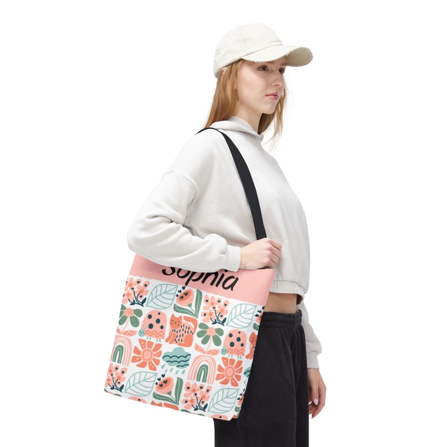 Boho Floral Block Name Tote Bag Personalized Lifestyle Side 4