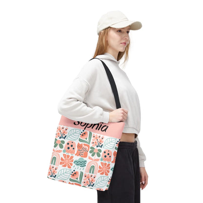 Boho Floral Block Name Tote Bag Personalized Lifestyle Side 4