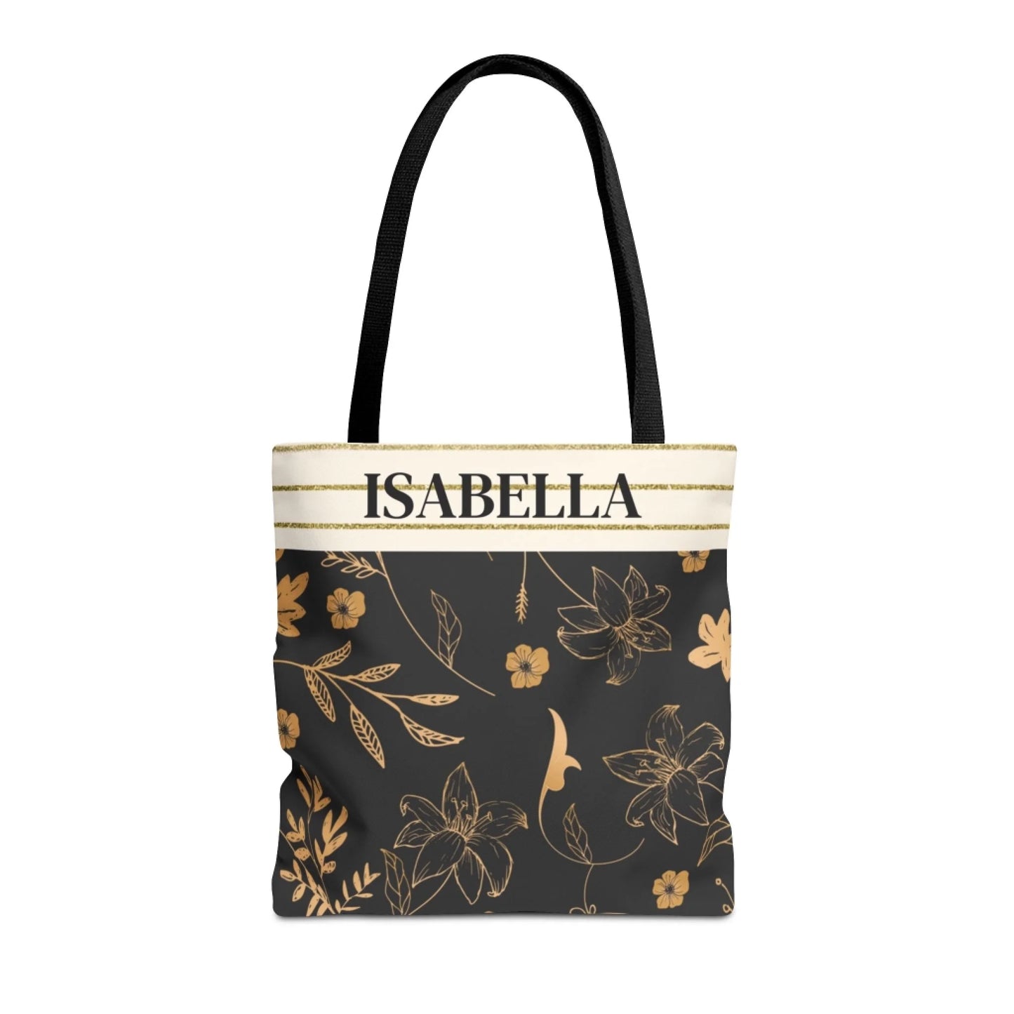 Golden Floral Name Tote Bag Seamless 16x16