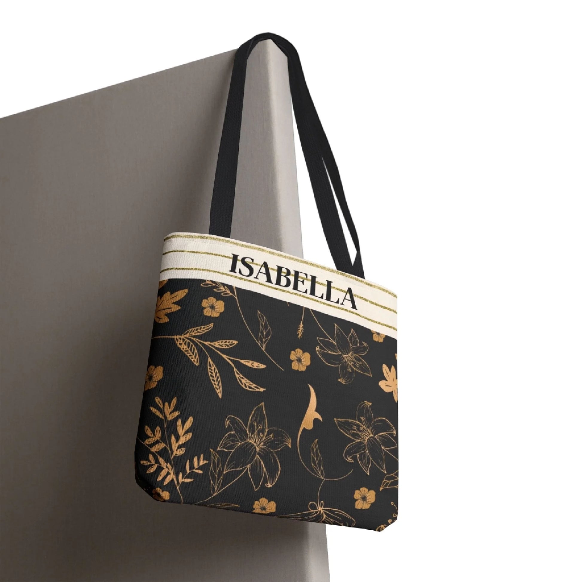 Golden Floral Name Tote Bag Enviro Profile front hanging