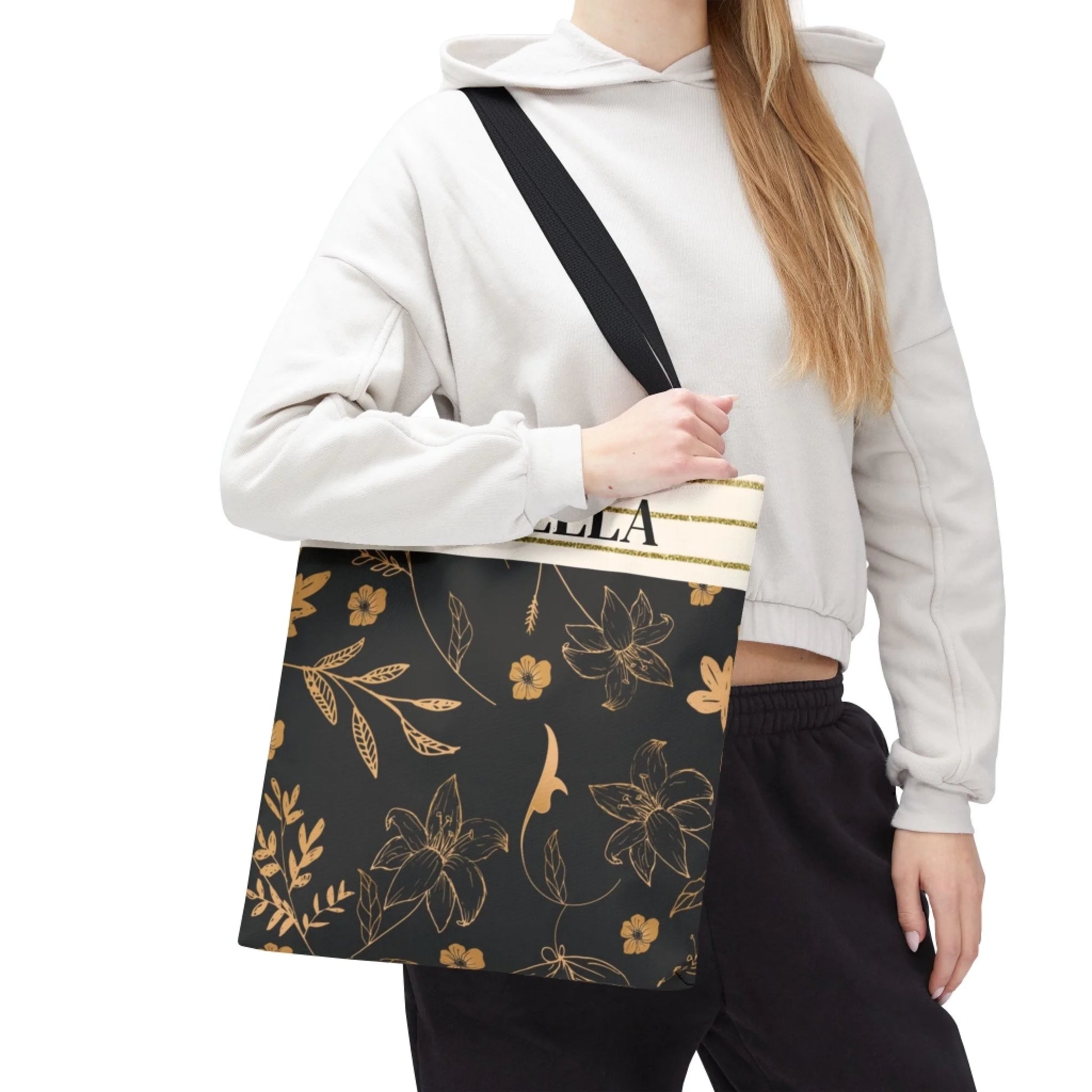 Golden Floral Name Tote Bag Enviro Profile front
