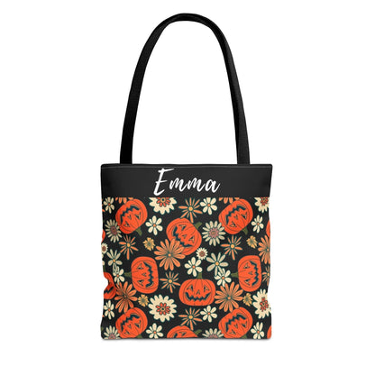 Floral Fall Pumpkin Name Tote Bag -18x18 Seamless
