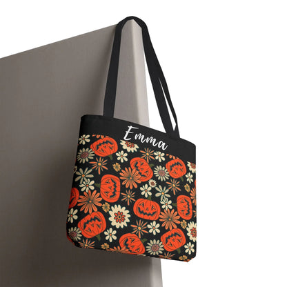 Floral Fall Pumpkin Name Tote Bag -18x18 Hanging