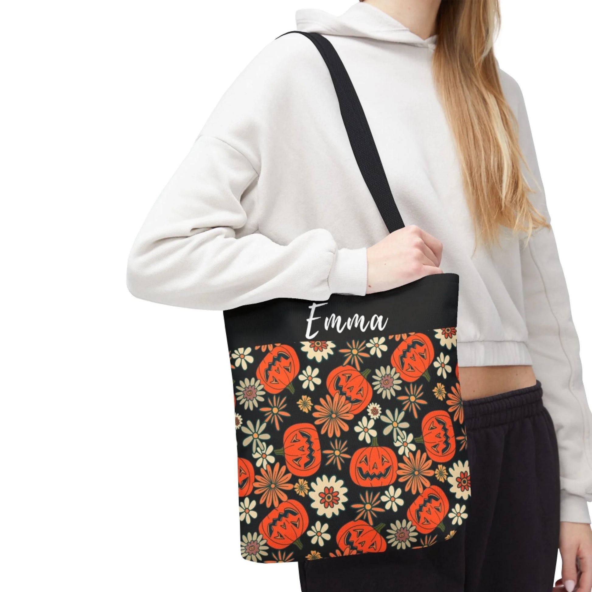 Floral Fall Pumpkin Name Tote Bag -18x18 Talent 3