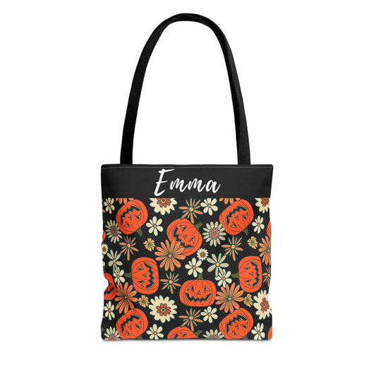 Floral Fall Pumpkin Name Tote Bag -18x18 Seamless