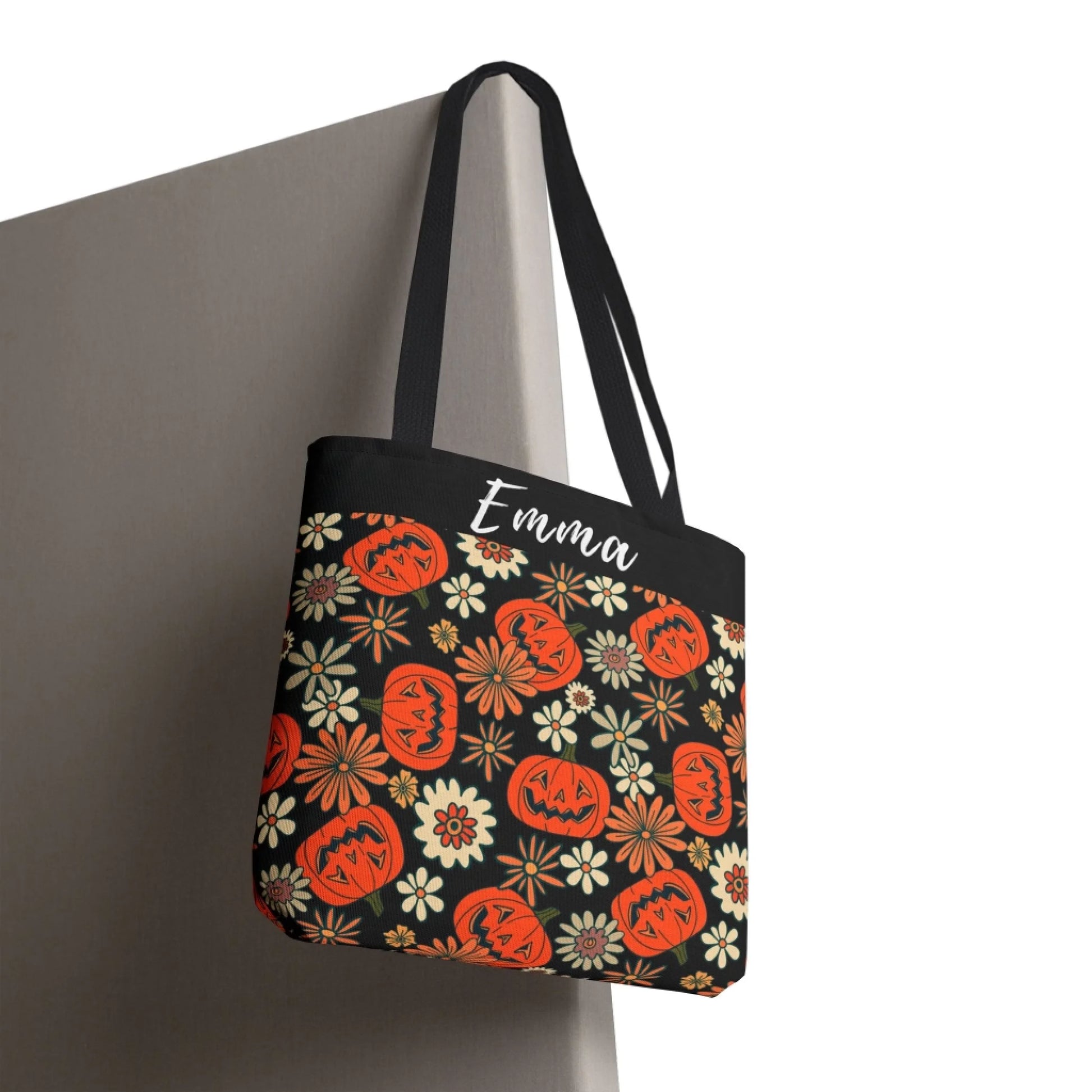 Floral Fall Pumpkin Name Tote Bag -18x18 Hanging