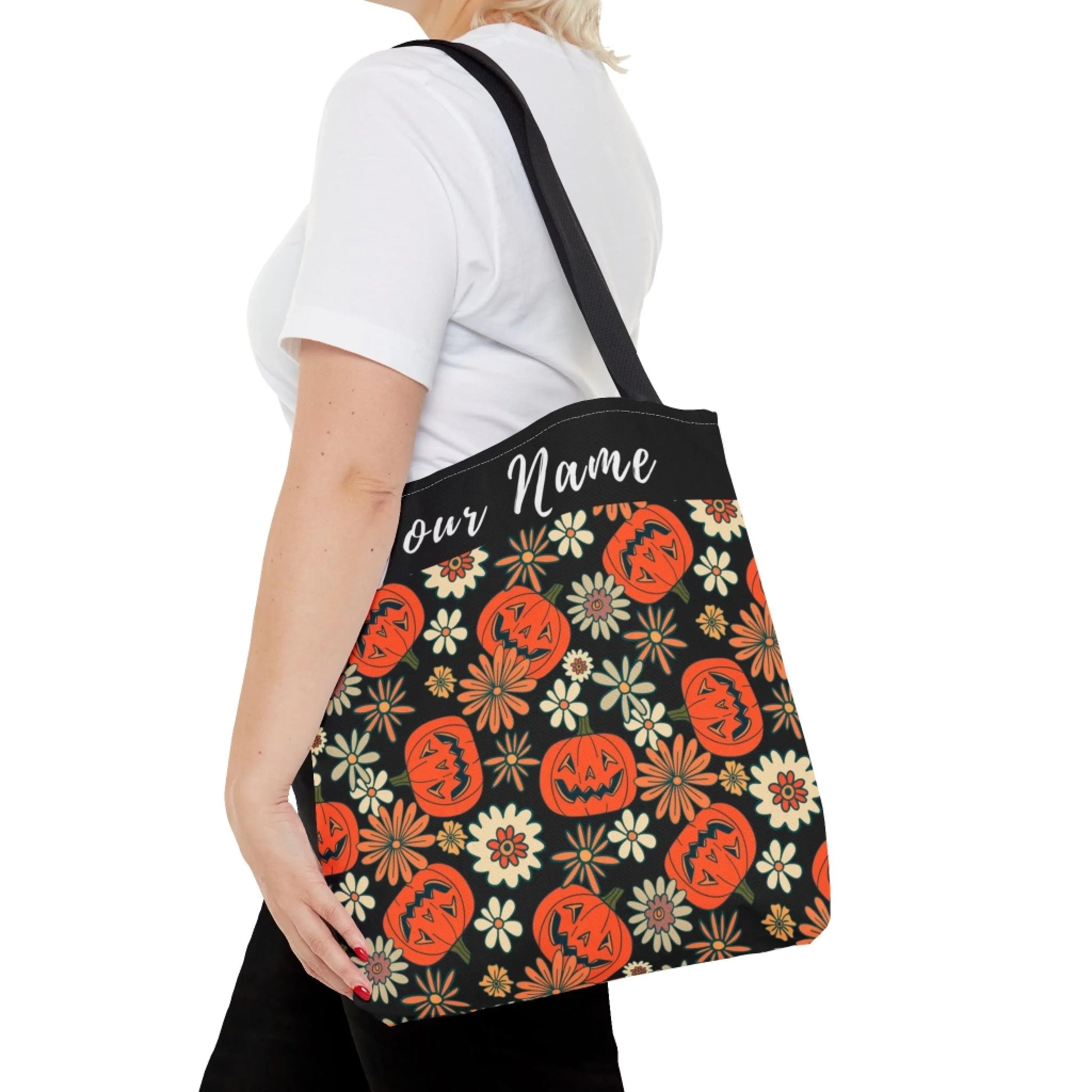 Floral Fall Pumpkin Name Tote Bag -16x16 Talent 1