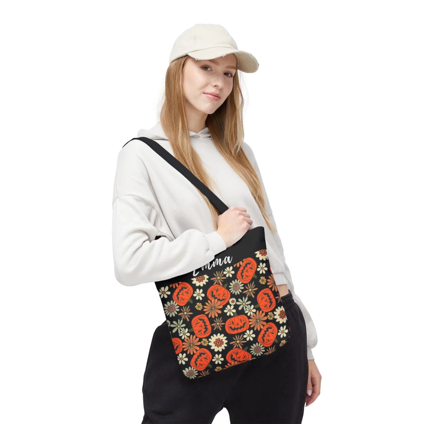 Floral Fall Pumpkin Name Tote Bag -18x18 Talent 2
