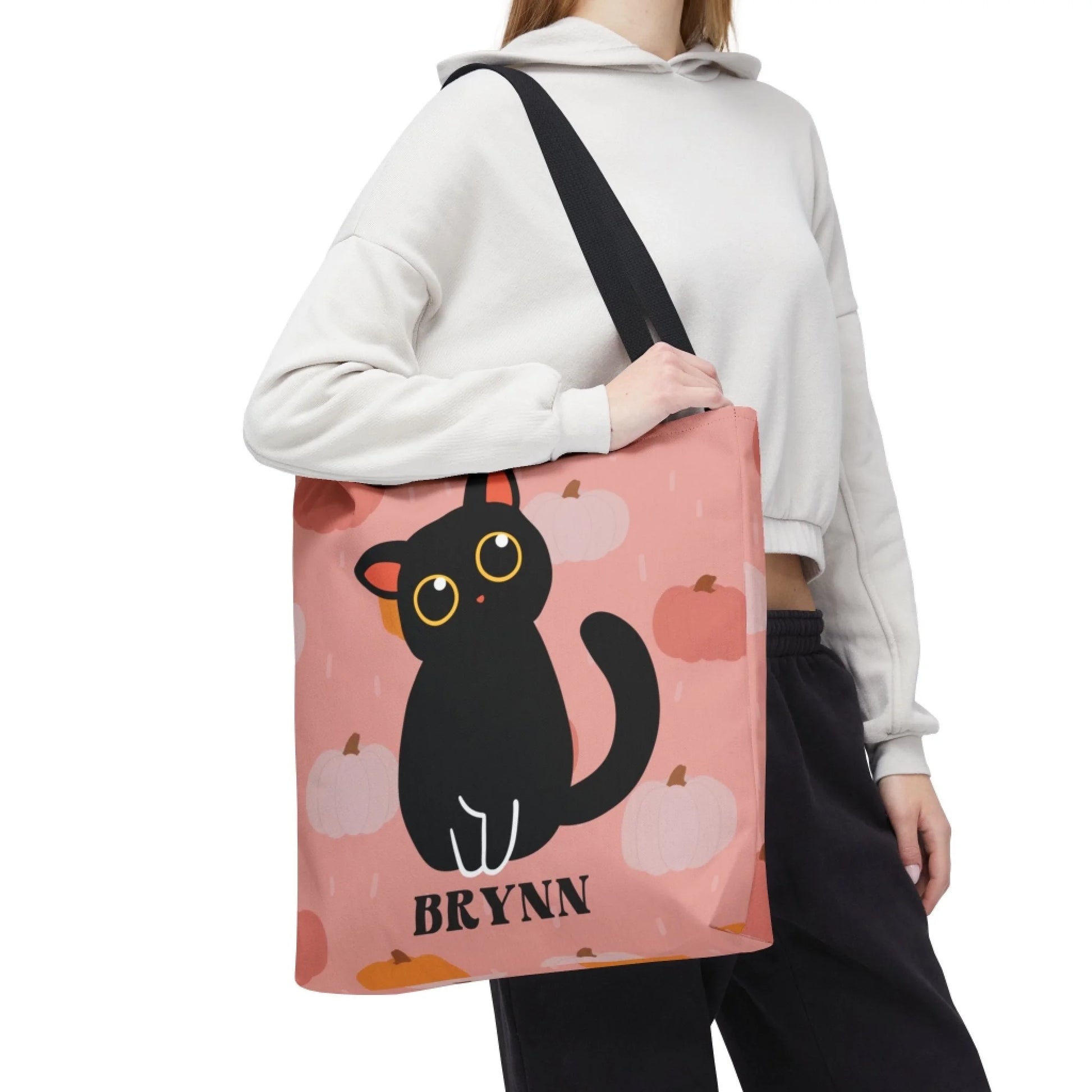Pumpkin Kitty Cat Name Tote Bag -16x16 Lifestyle 2