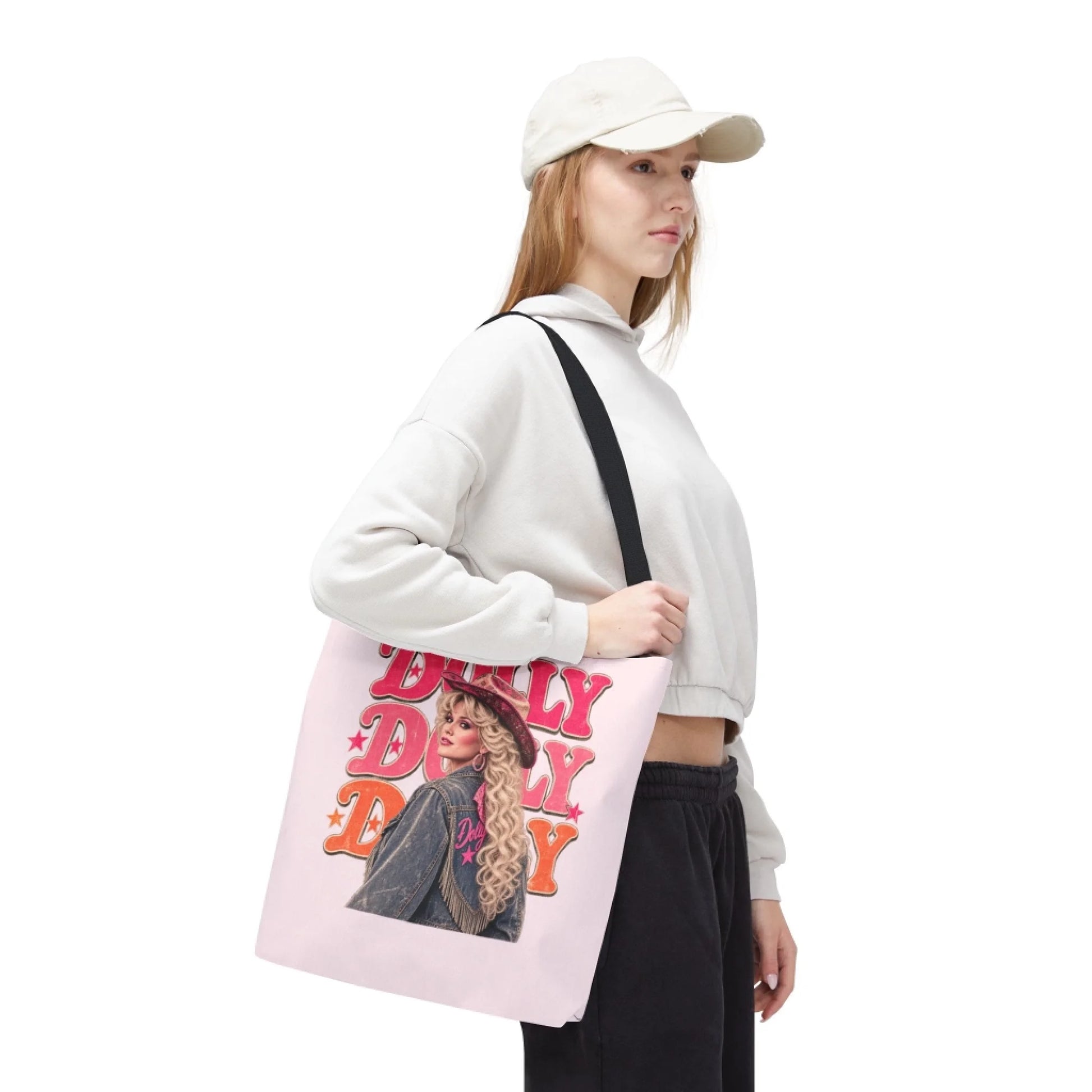 Repeating Dolly Name Tote Bag - Lifestyle Side Profile