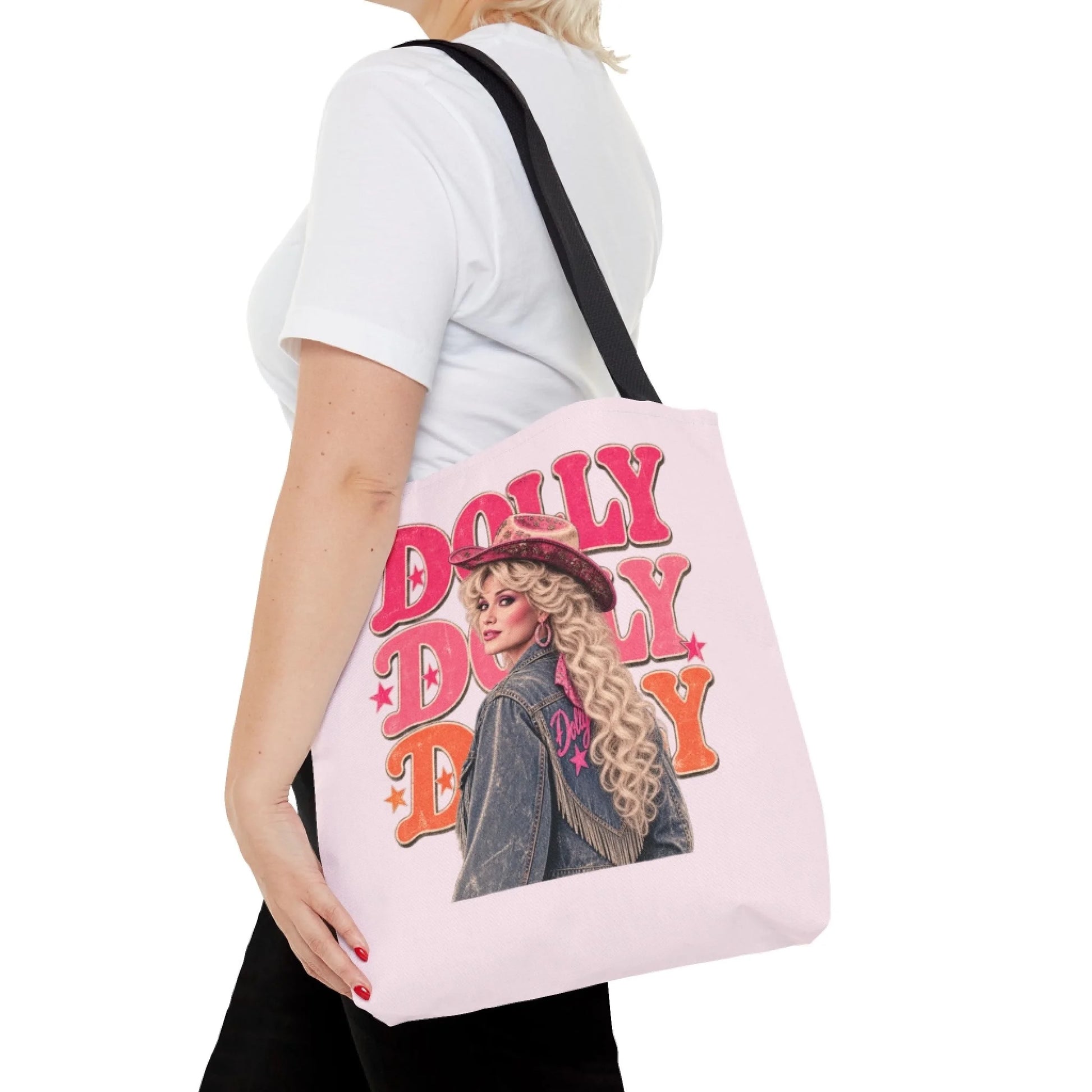 Repeating Dolly Name Tote Bag - Lifestyle Side Profile 3