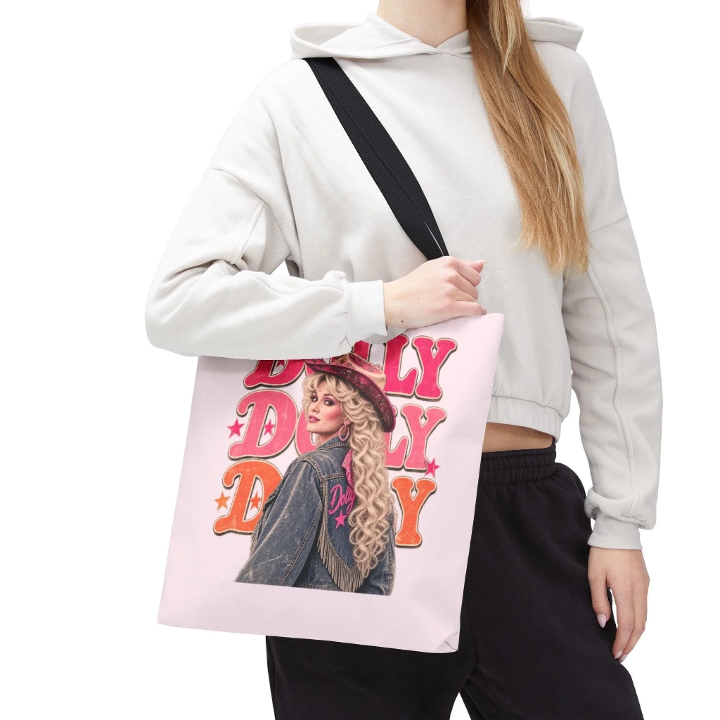 Repeating Dolly Name Tote Bag - Lifestyle Side Profile 2