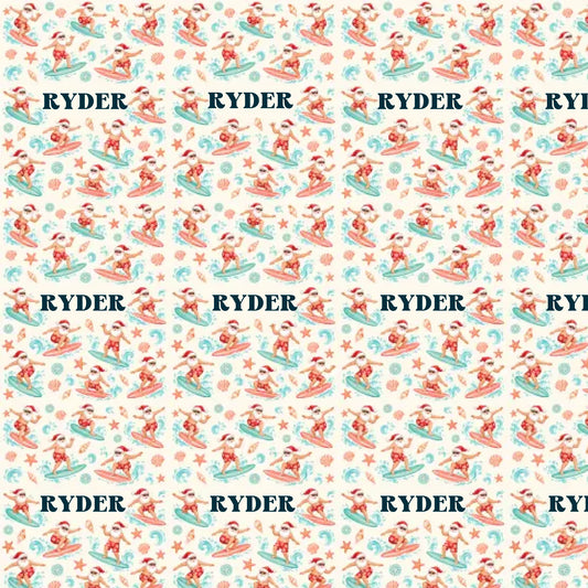 Personalized Surfing Santa Holiday Name Wrapping Paper